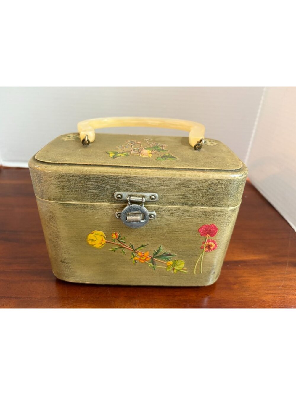 Vintage Wooden, Decoupage Box Purse with Lucite Handle, 1960's